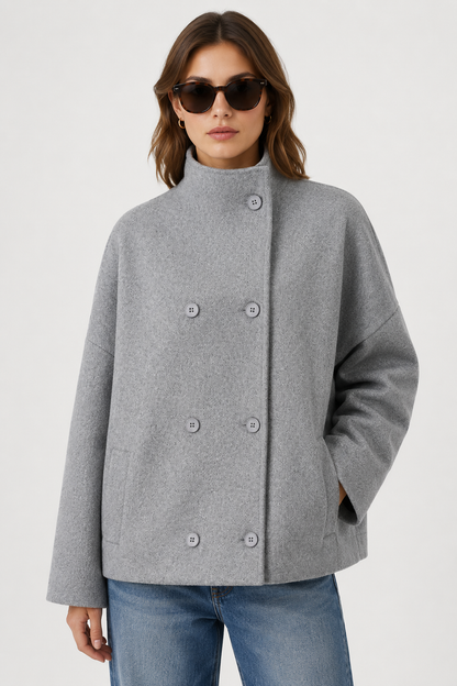Boxy Cropped Double-Breasted Wool Coat - Grey