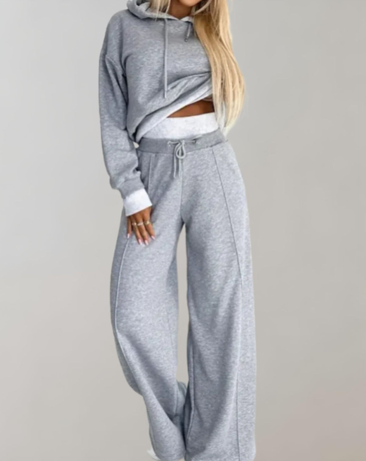 Cropped Hoodie & Wide-Leg Trousers Two-Piece Set - Grey