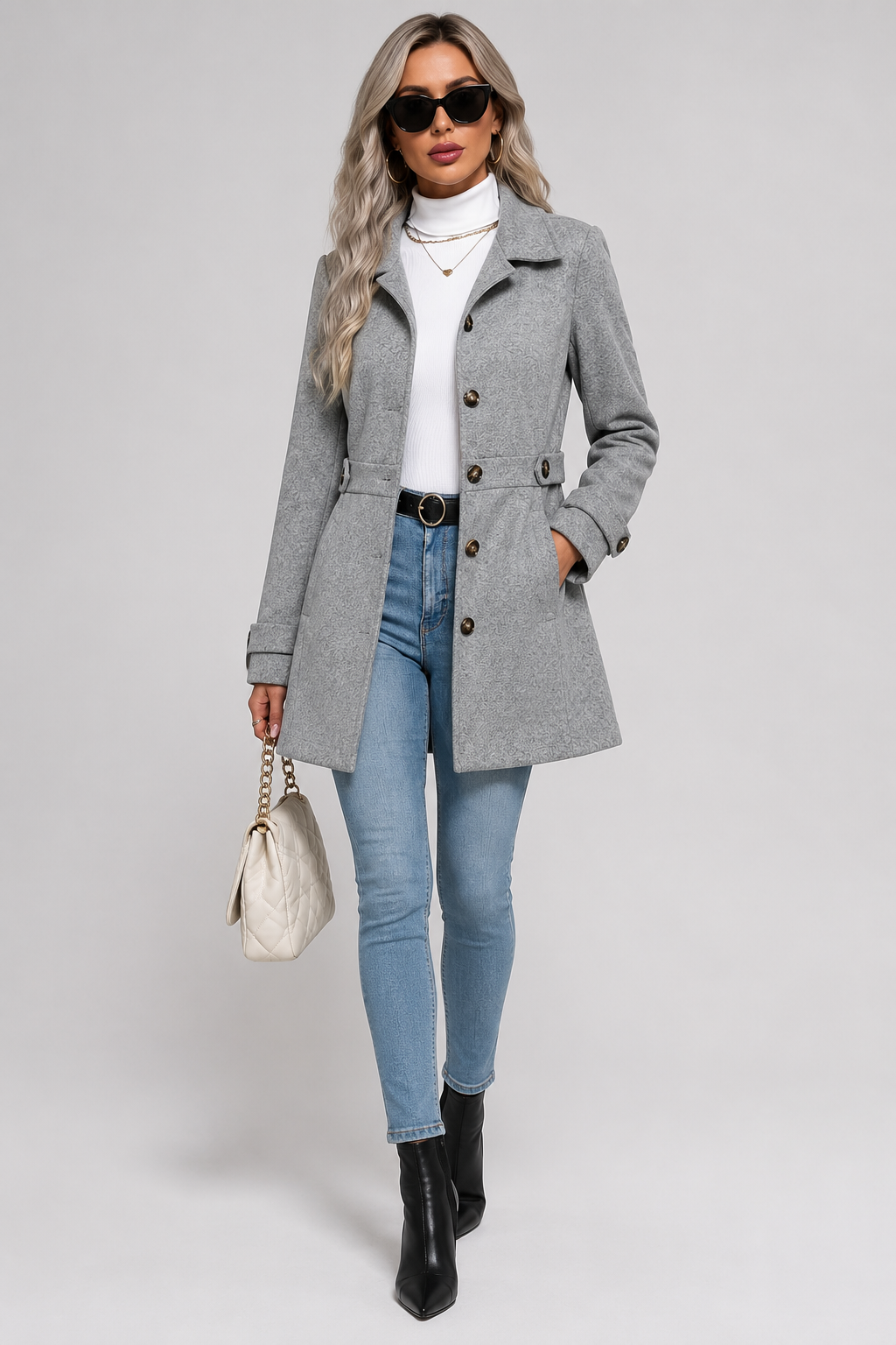 Button Front Tailored Trench Coat - Grey