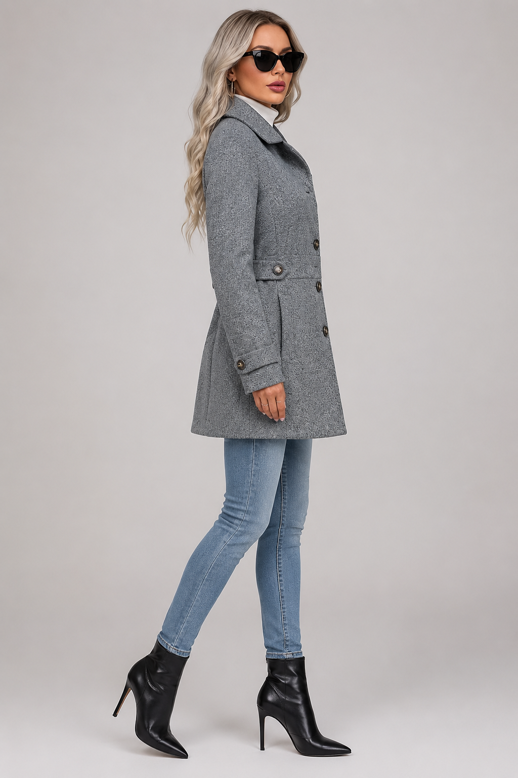 Button Front Tailored Trench Coat - Grey