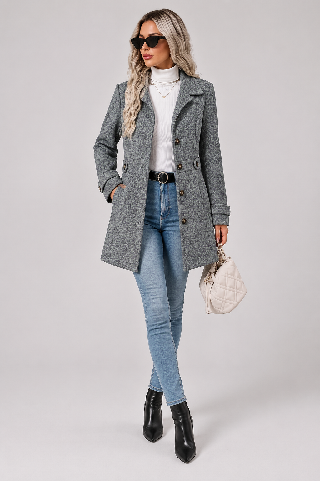 Button Front Tailored Trench Coat - Grey
