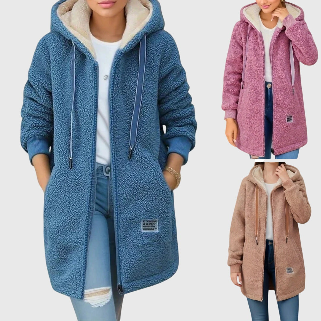 Hooded Long Fleece Jacket with Drawstring