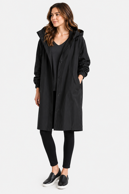 Oversized Button-Front Water Resistant Parka Coat with Hood