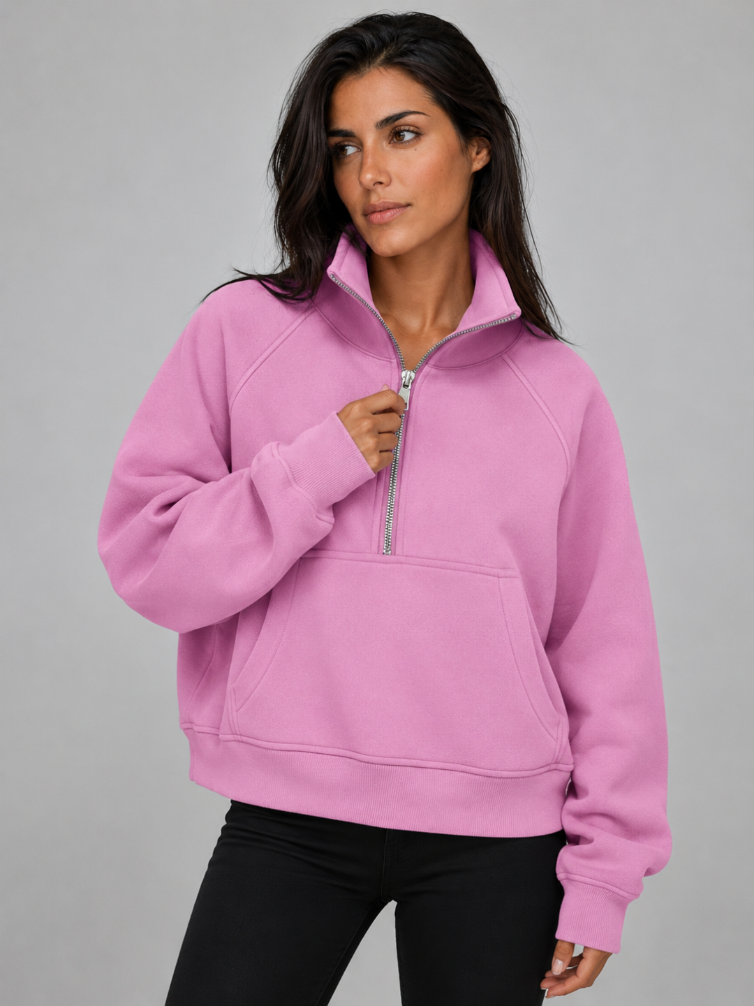 Women's Half-Zip Fleece Pullover Hoodie - Pink