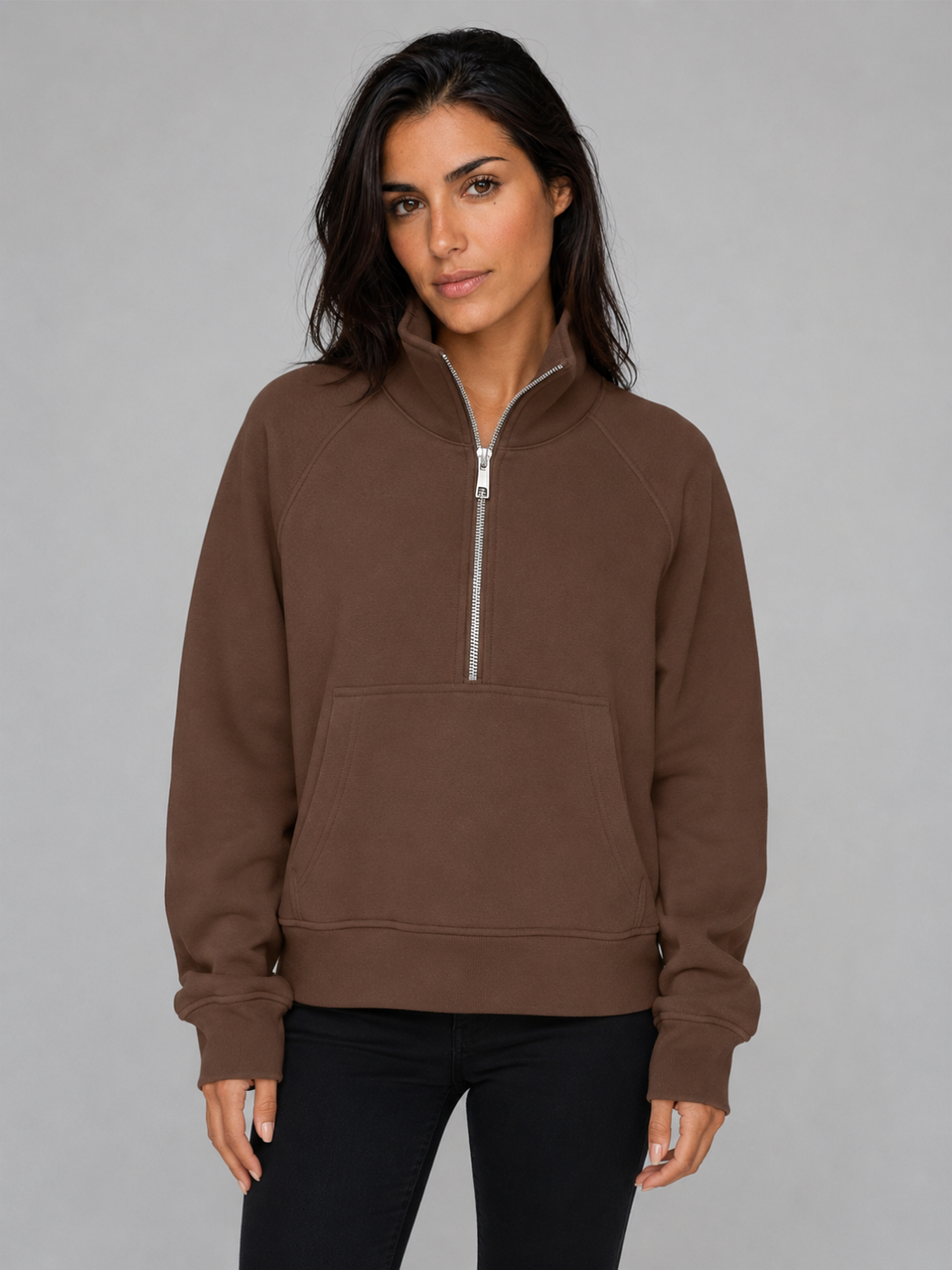 Women's Half-Zip Fleece Pullover Hoodie - Brown