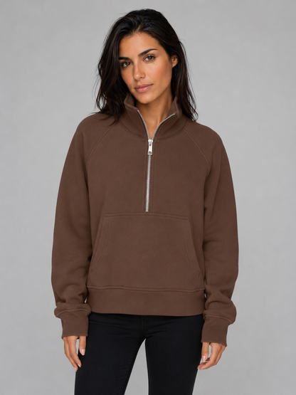 Women's Half-Zip Fleece Pullover Hoodie - Brown