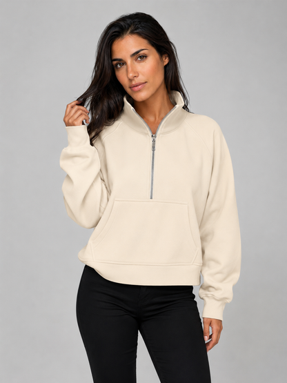 Women's Half-Zip Fleece Pullover Hoodie - Beige