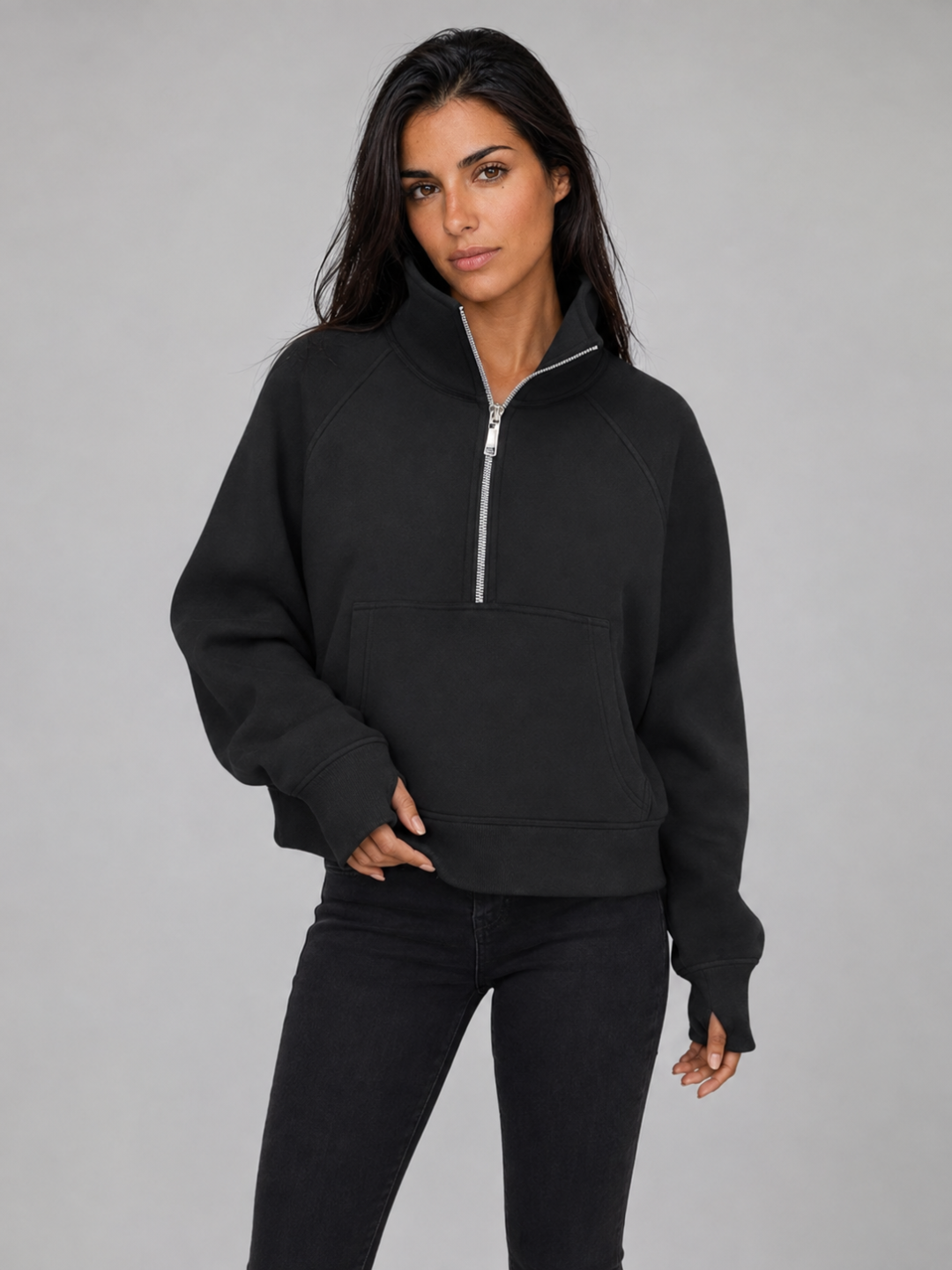 Women's Half-Zip Fleece Pullover Hoodie - Black