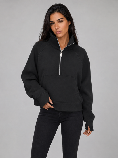 Women's Half-Zip Fleece Pullover Hoodie - Black