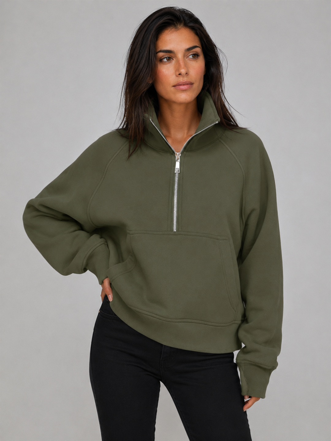 Women's Half-Zip Fleece Pullover Hoodie - Green