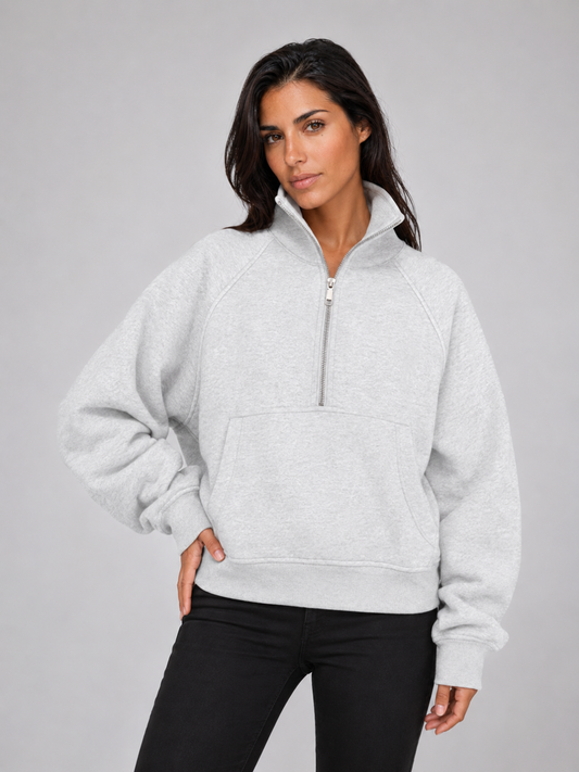 Women's Half-Zip Fleece Pullover Hoodie - Grey