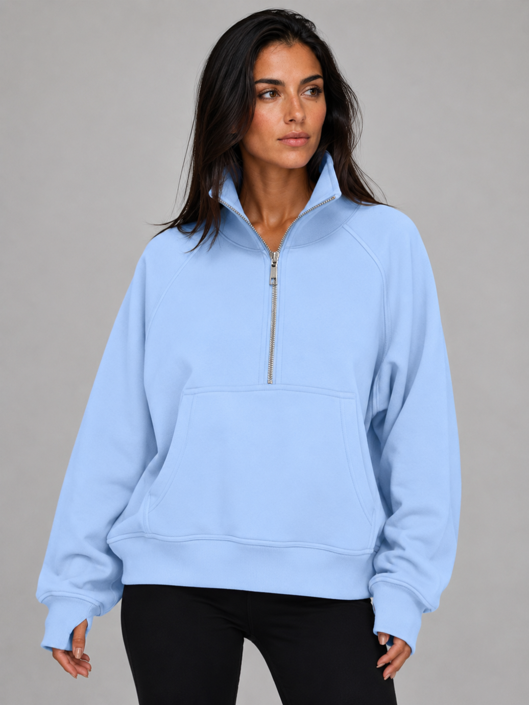 Women's Half-Zip Fleece Pullover Hoodie - Blue
