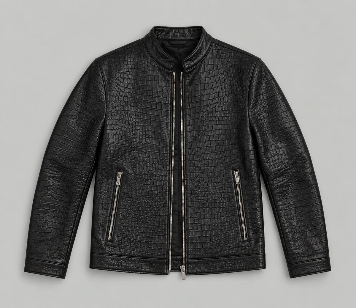 Croc-Embossed Faux Leather Jacket - Black