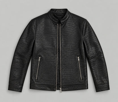 Croc-Embossed Faux Leather Jacket - Black