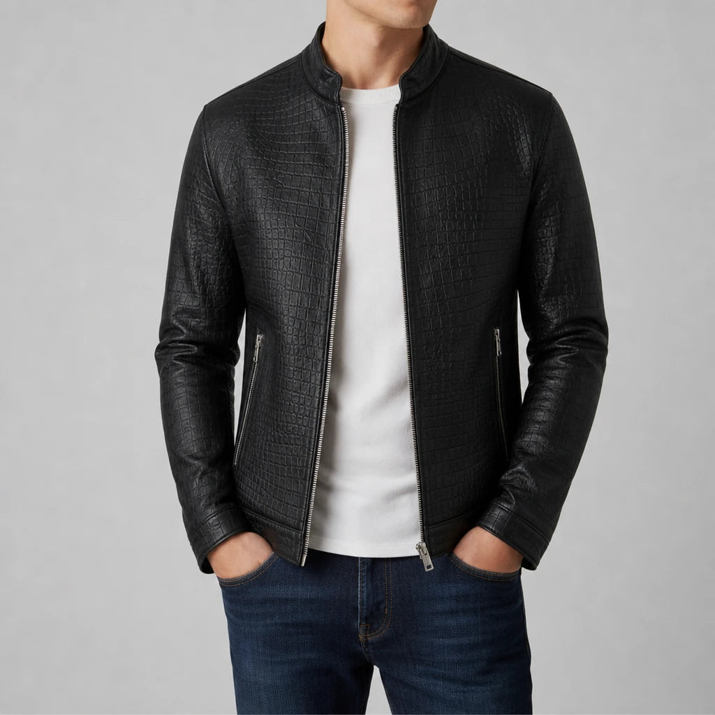 Croc-Embossed Faux Leather Jacket - Black