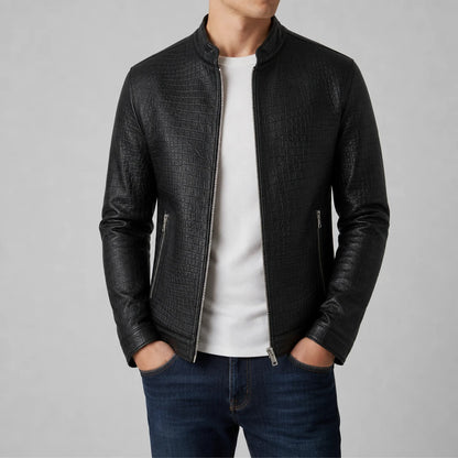 Croc-Embossed Faux Leather Jacket - Black