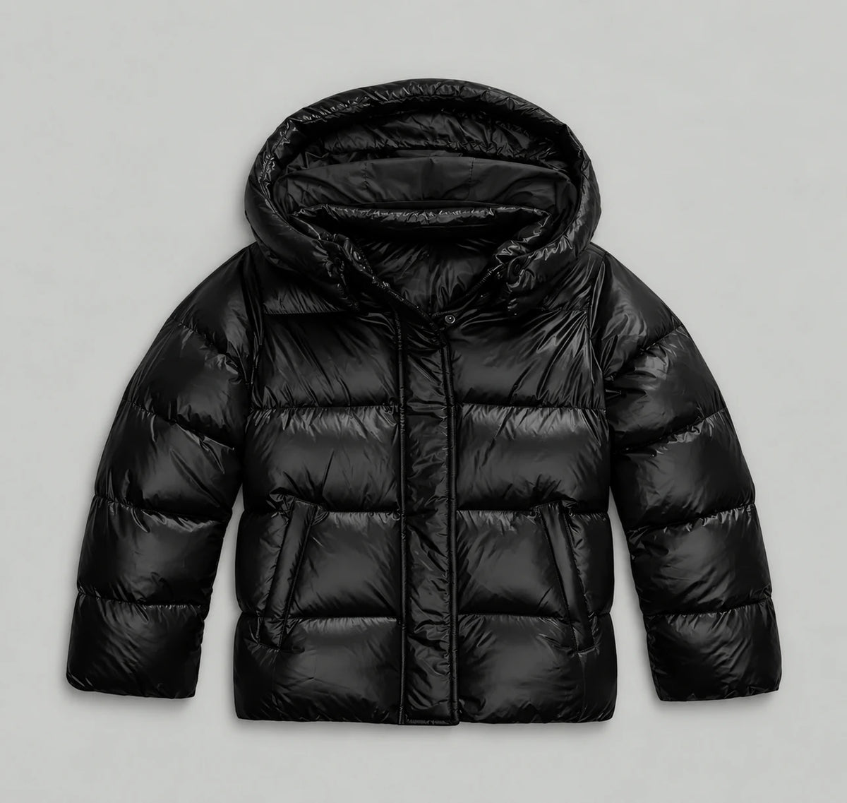 Quilted Hooded Jacket - Shiny Puffer Coat - Black