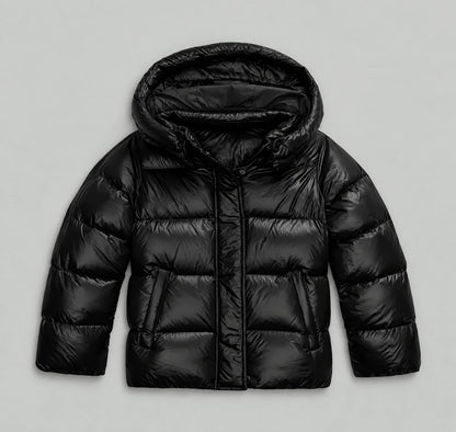 Quilted Hooded Jacket - Shiny Puffer Coat - Black