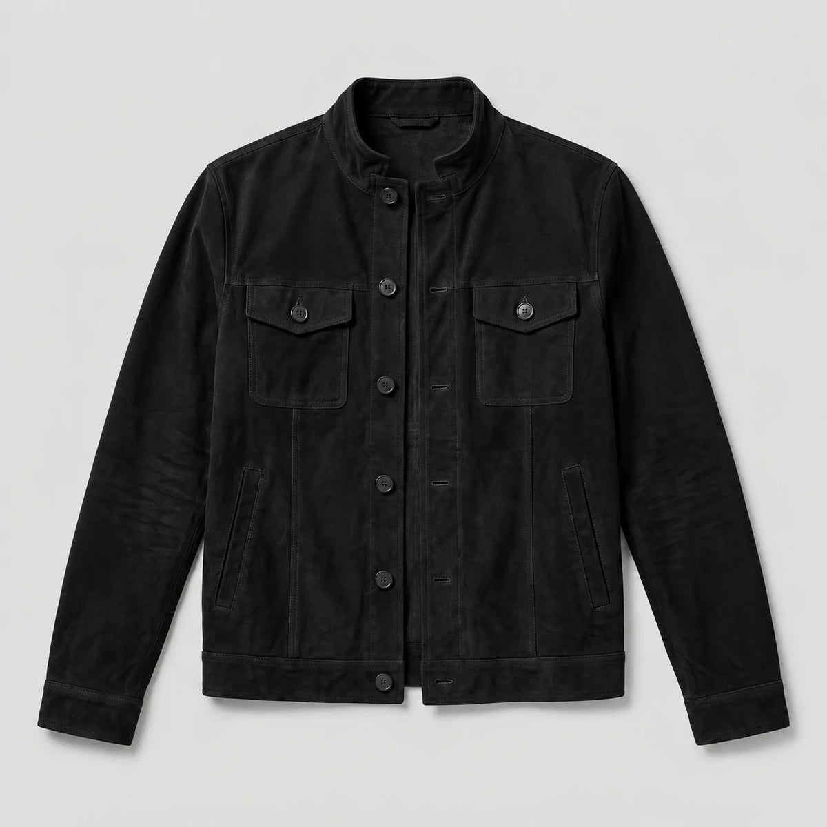 Button-Up Suede Trucker Jacket - Black