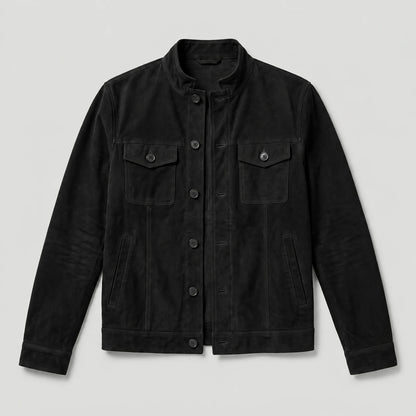Button-Up Suede Trucker Jacket - Black