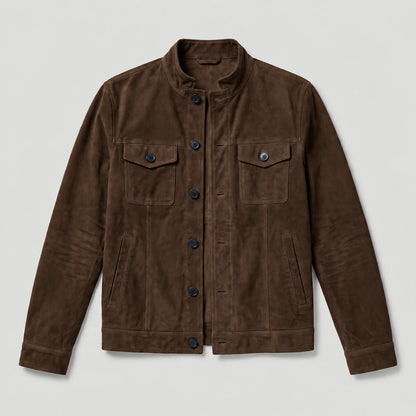 Button-Up Suede Trucker Jacket - Brown
