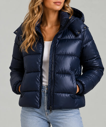 Quilted Hooded Jacket - Shiny Puffer Coat - Navy