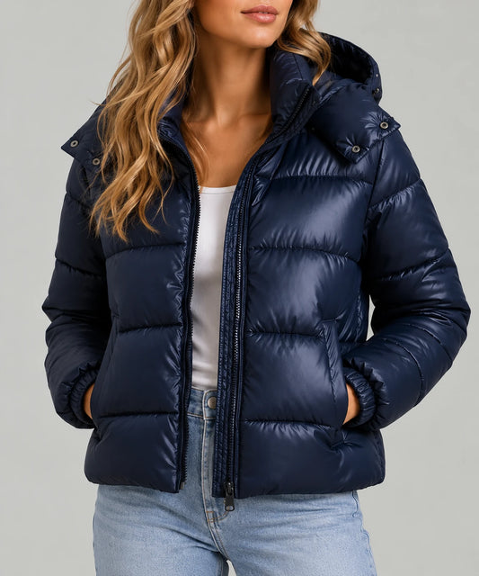 Quilted Hooded Jacket - Shiny Puffer Coat - Navy