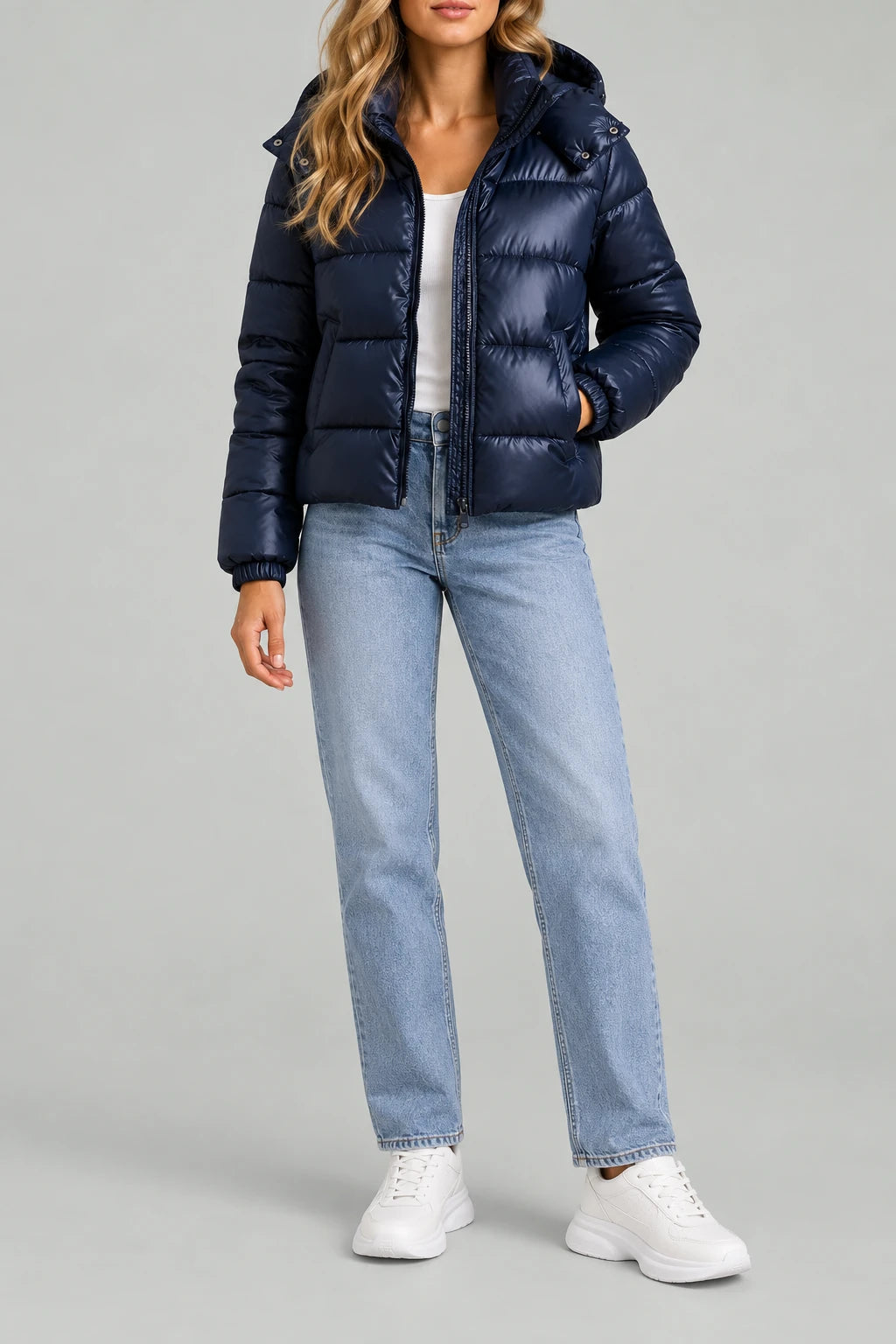 Quilted Hooded Jacket - Shiny Puffer Coat - Navy
