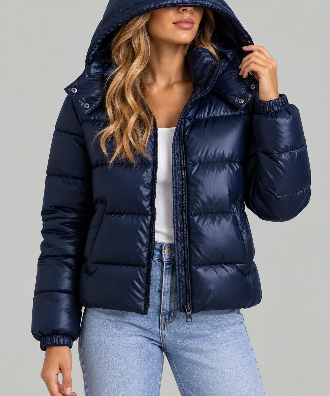 Quilted Hooded Jacket - Shiny Puffer Coat - Navy