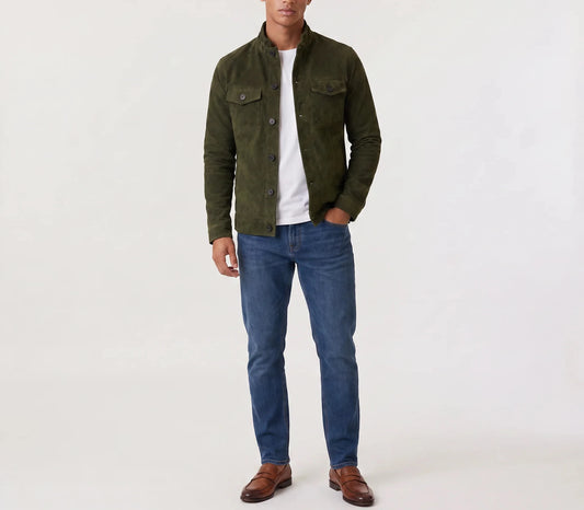 Button-Up Suede Trucker Jacket - Khaki