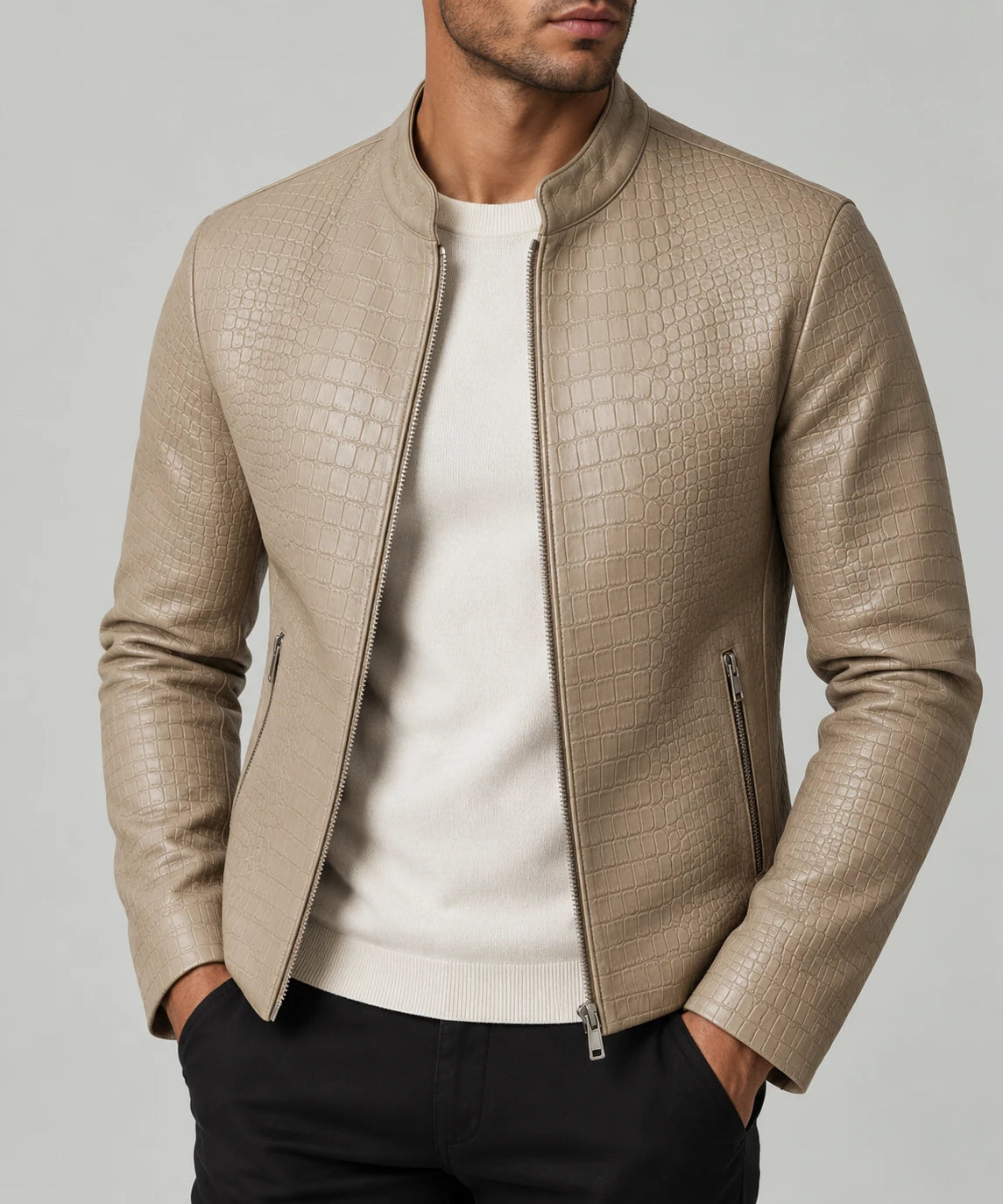 Croc-Embossed Faux Leather Jacket - Taupe