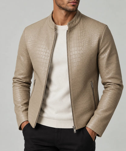 Croc-Embossed Faux Leather Jacket - Taupe