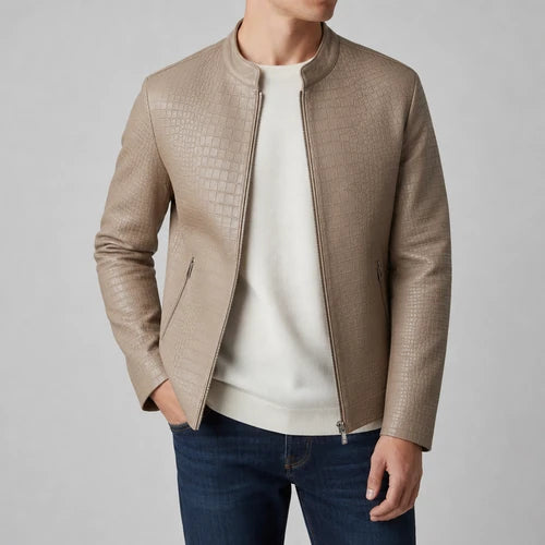 Croc-Embossed Faux Leather Jacket - Taupe