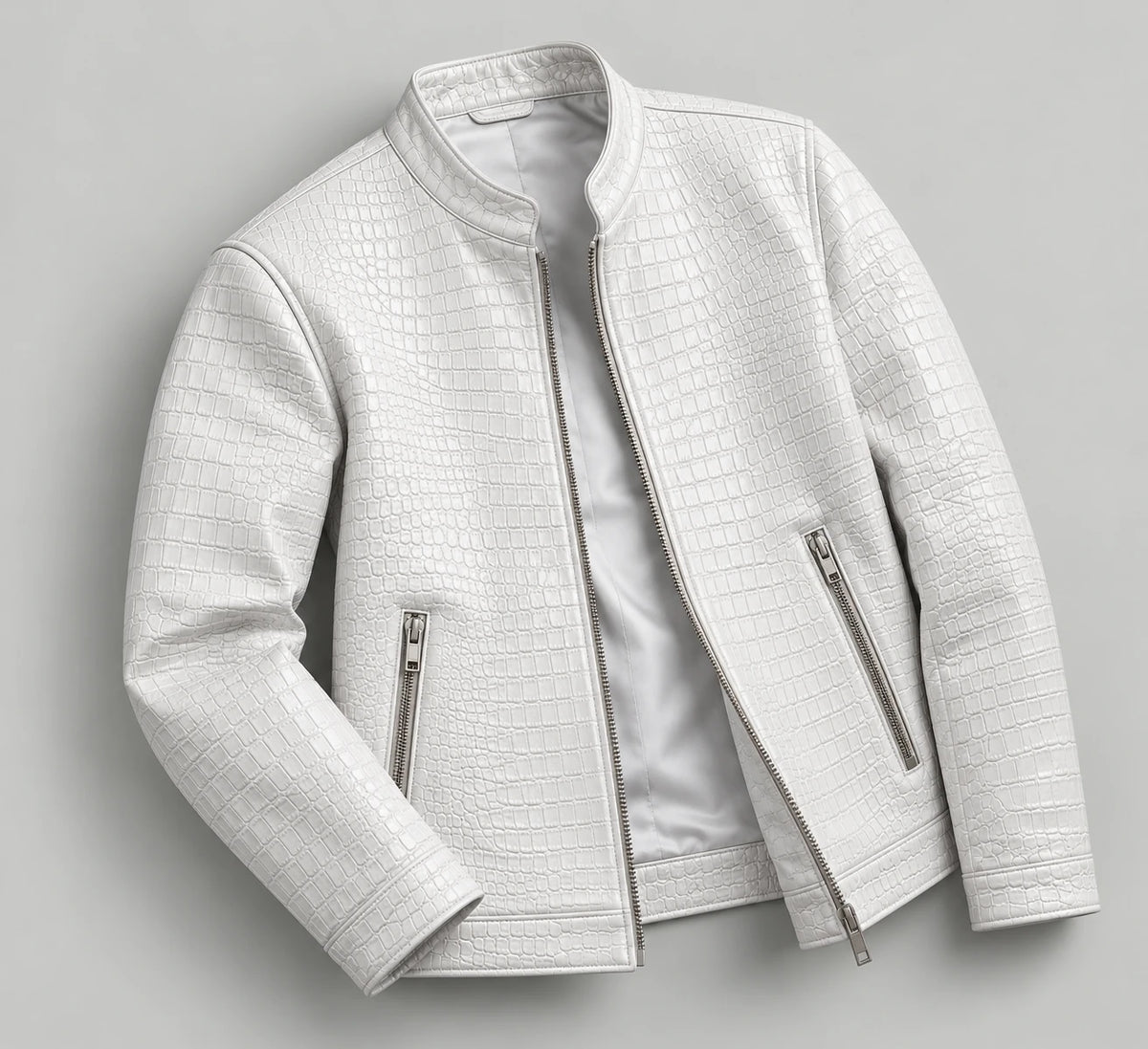 Croc-Embossed Faux Leather Jacket - White