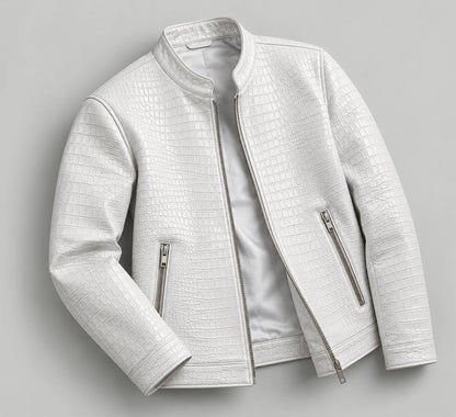 Croc-Embossed Faux Leather Jacket - White