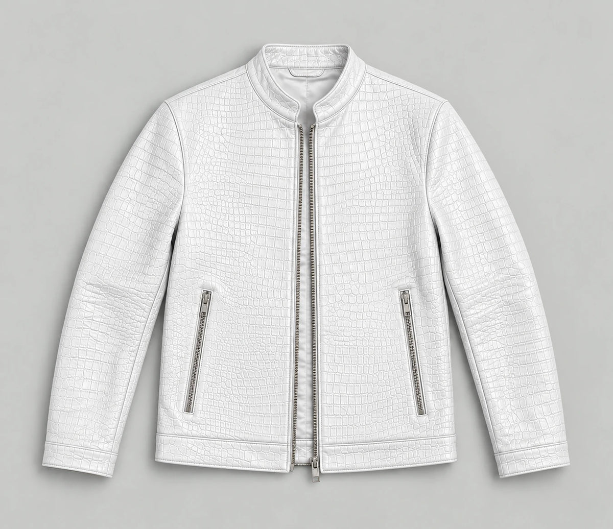 Croc-Embossed Faux Leather Jacket - White