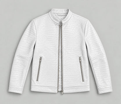 Croc-Embossed Faux Leather Jacket - White