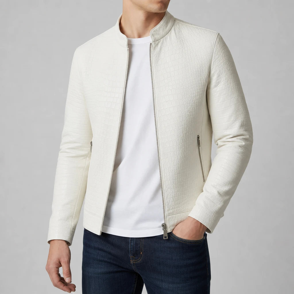 Croc-Embossed Faux Leather Jacket - White