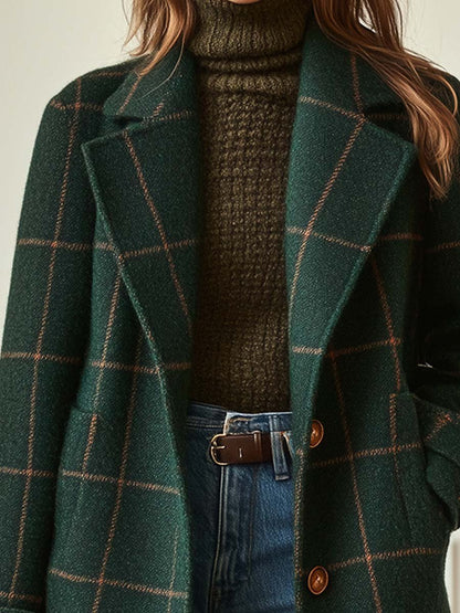 Plaid Tweed Coat - Dark Green, detail