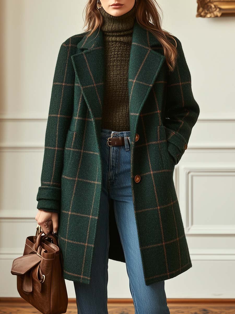Plaid Tweed Coat - Dark Green