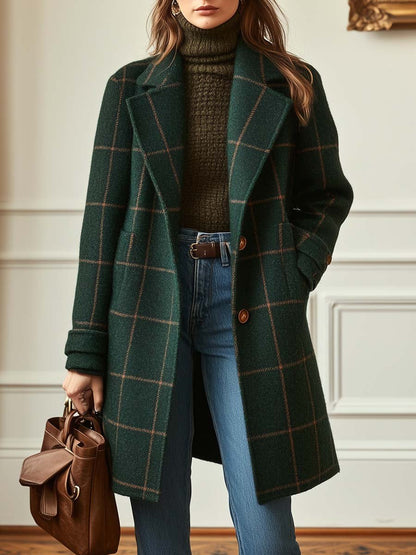 Plaid Tweed Coat - Dark Green