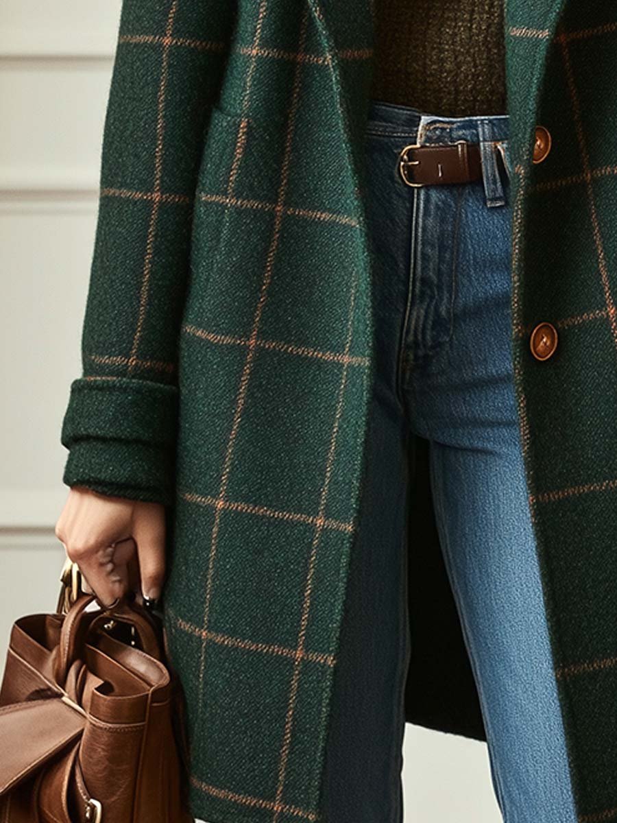 Plaid Tweed Coat - Dark Green, back view