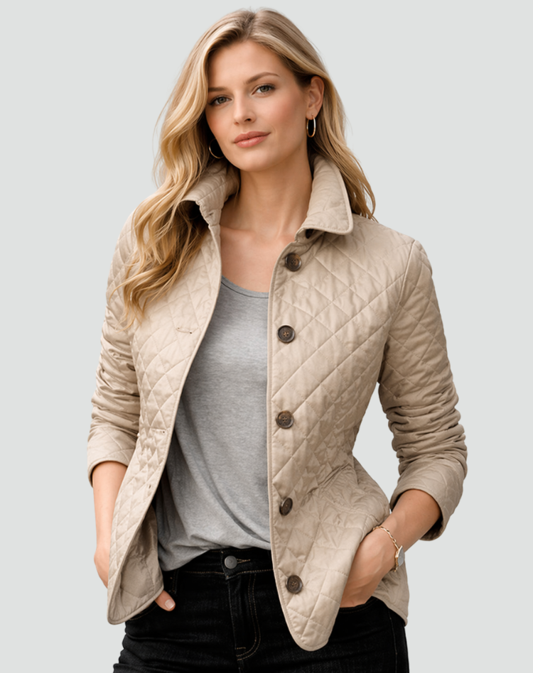 Diamond Quilted Button-Front Jacket - Khaki