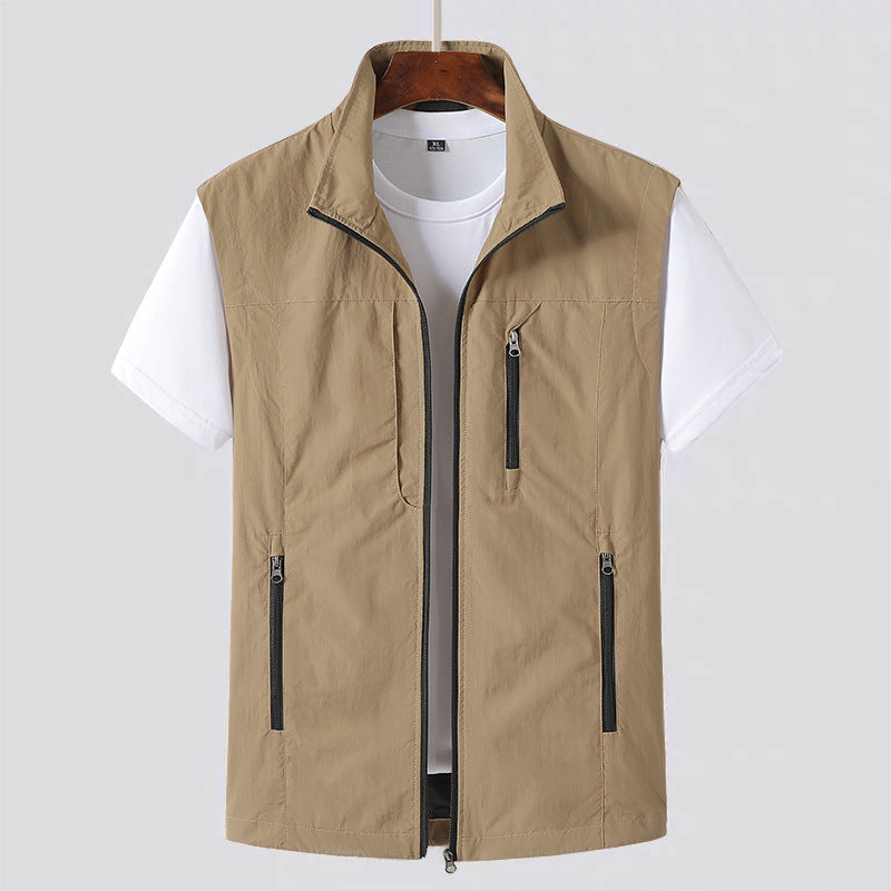 Lightweight Zip-Front Utility Gilet with Pockets - Khaki