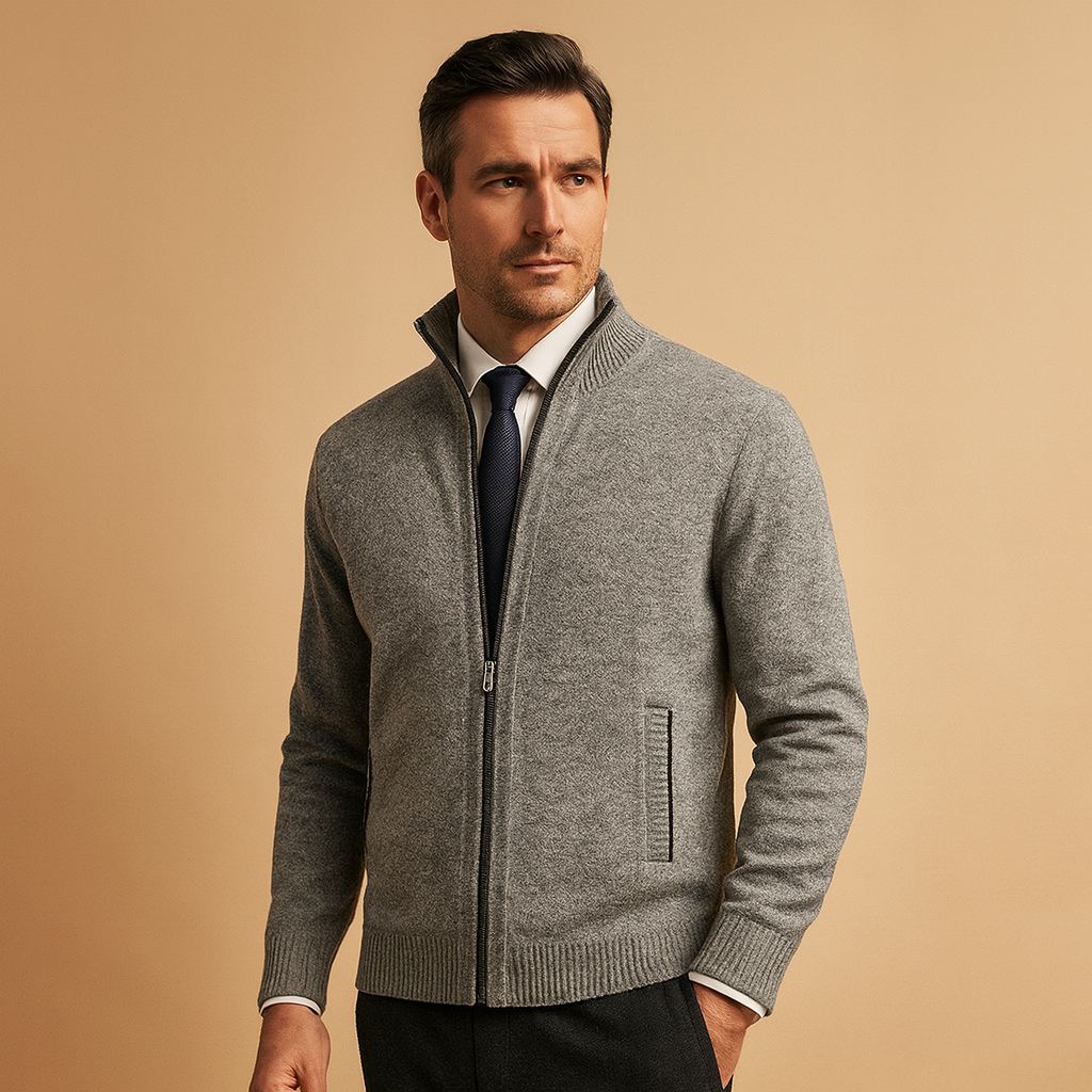 Marled Knit Full-Zip Cardigan with Stand Collar - Light Grey