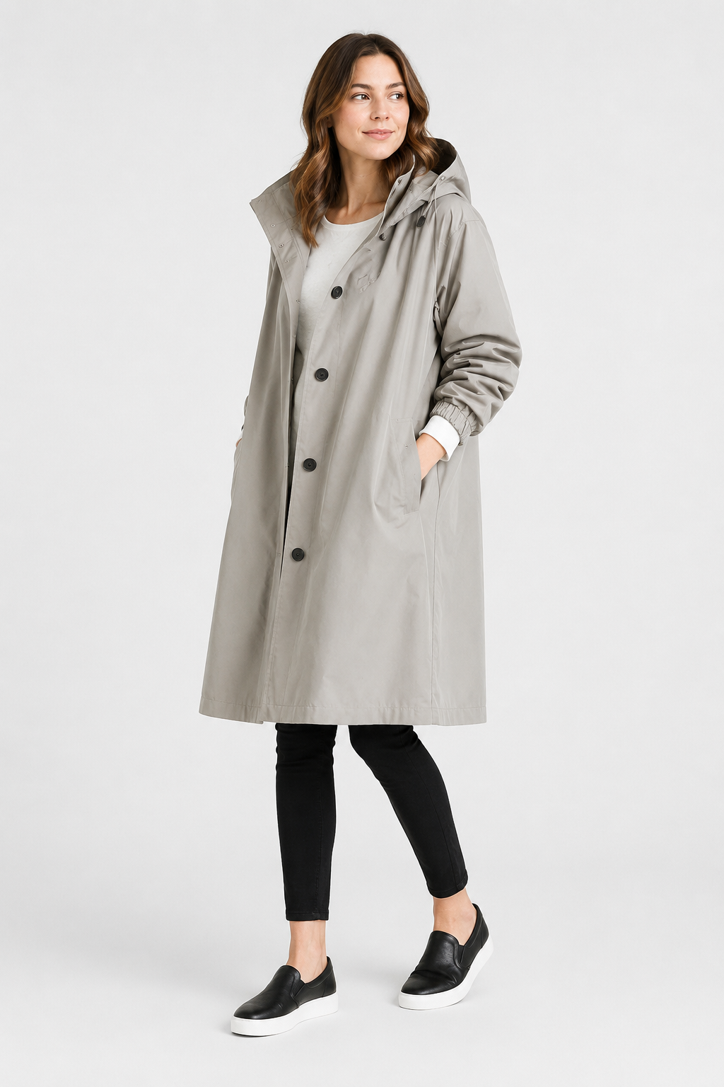 Oversized Button-Front Water Resistant Parka Coat with Hood - Light Grey