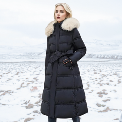 Fur-Hood Waterproof Long Parka - Black and White