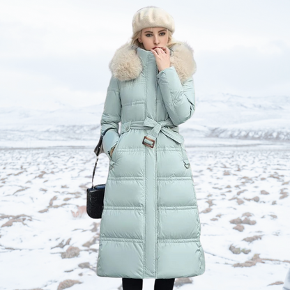 Fur-Hood Waterproof Long Parka - Blue and White
