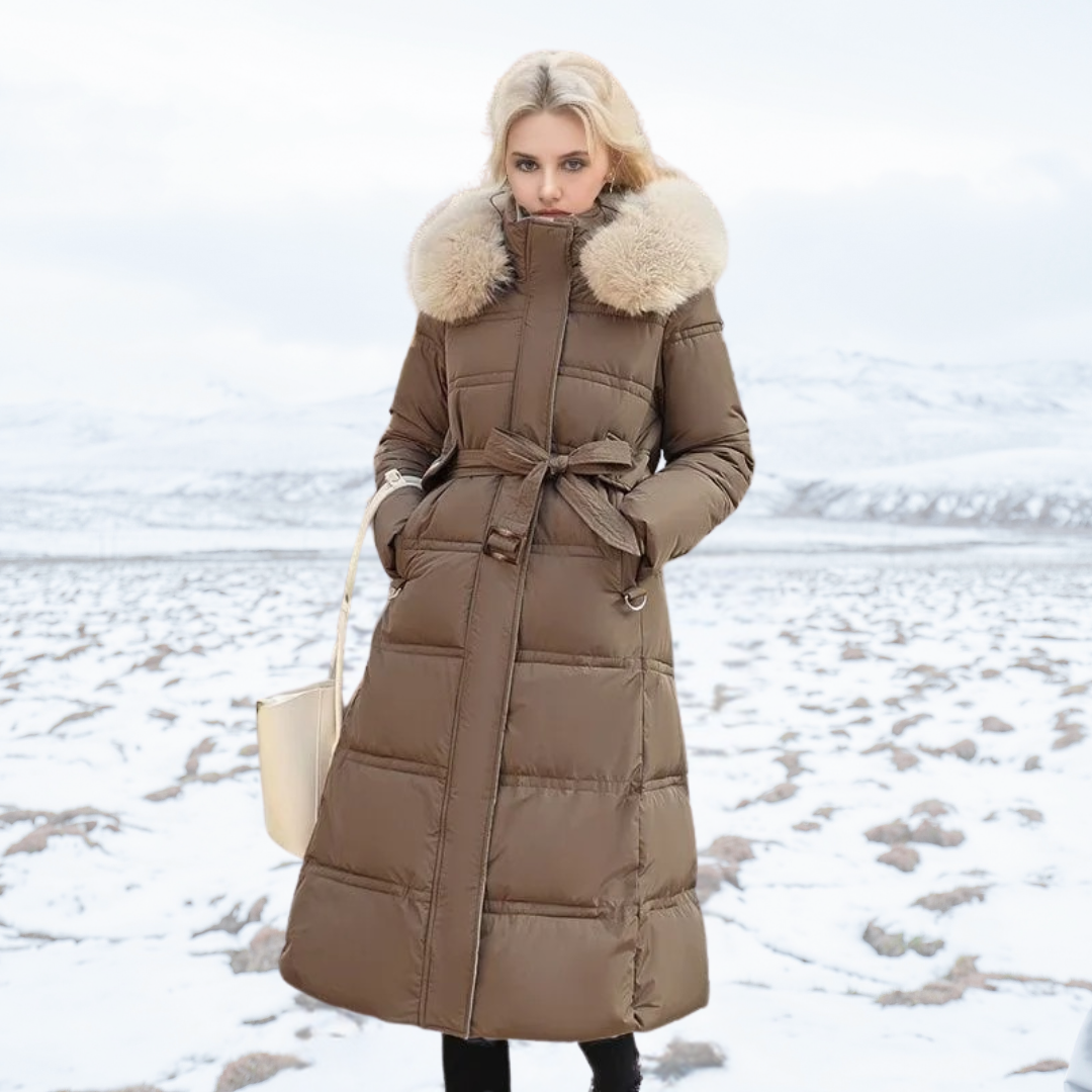 Fur-Hood Waterproof Long Parka - Brown and Beige