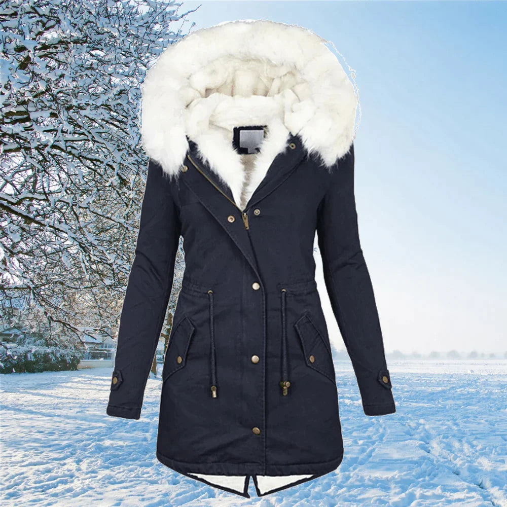 Fur-Lined Hooded Jacket - Navy Blue
